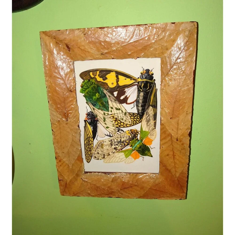 Vintage Art Print of Cicadas in Frame with Real Leaves goth witchy nature insect
